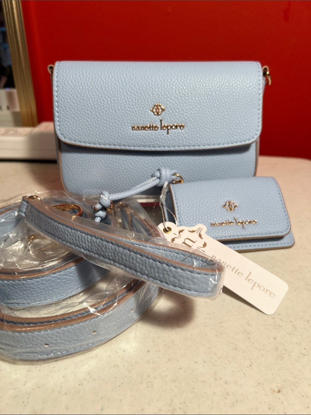 Nanette Lepore Powder Blue Pebbled Leather Crossbody with Wallet - Picture 9 of 10